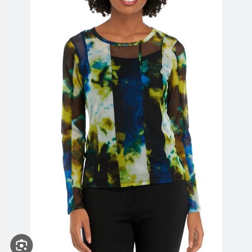 DKNY Mesh Sheer Long Sleeve Top Women’s Medium NWT Citrine Black Multi Abstract